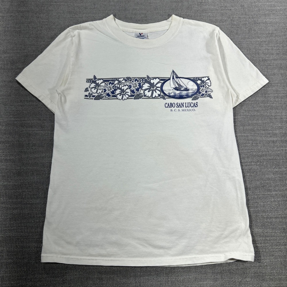 Yazbek Cabo San Lucas T-Shirt Mens Small White Good Graphic Sailboat Floral‎